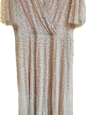 Mac Duggal Blush Beaded V-Neck Evening Dress